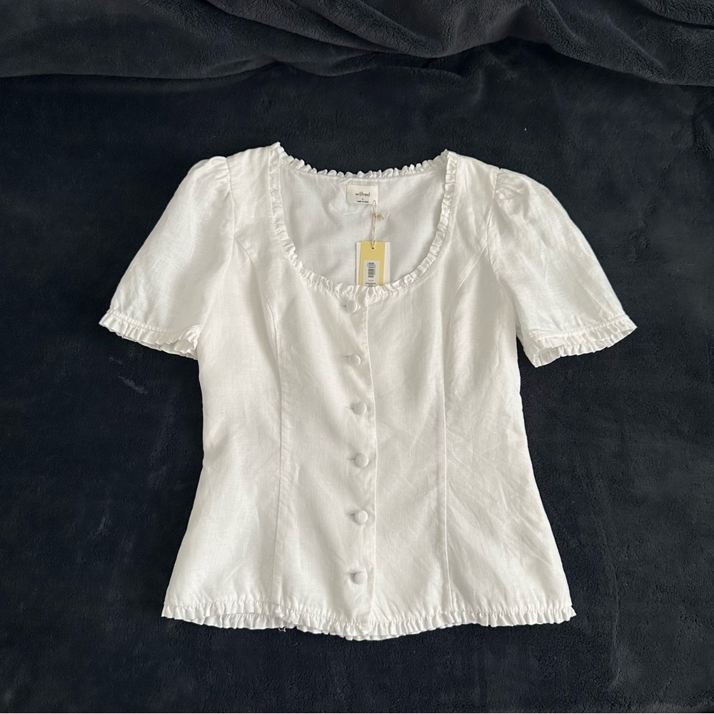 Aritzia Wilfred Linen White Puff-Sleeve Button Front Top